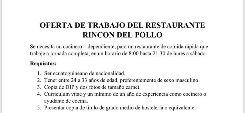 Oferta de trabajo en el restaurante Rincón del Pollo